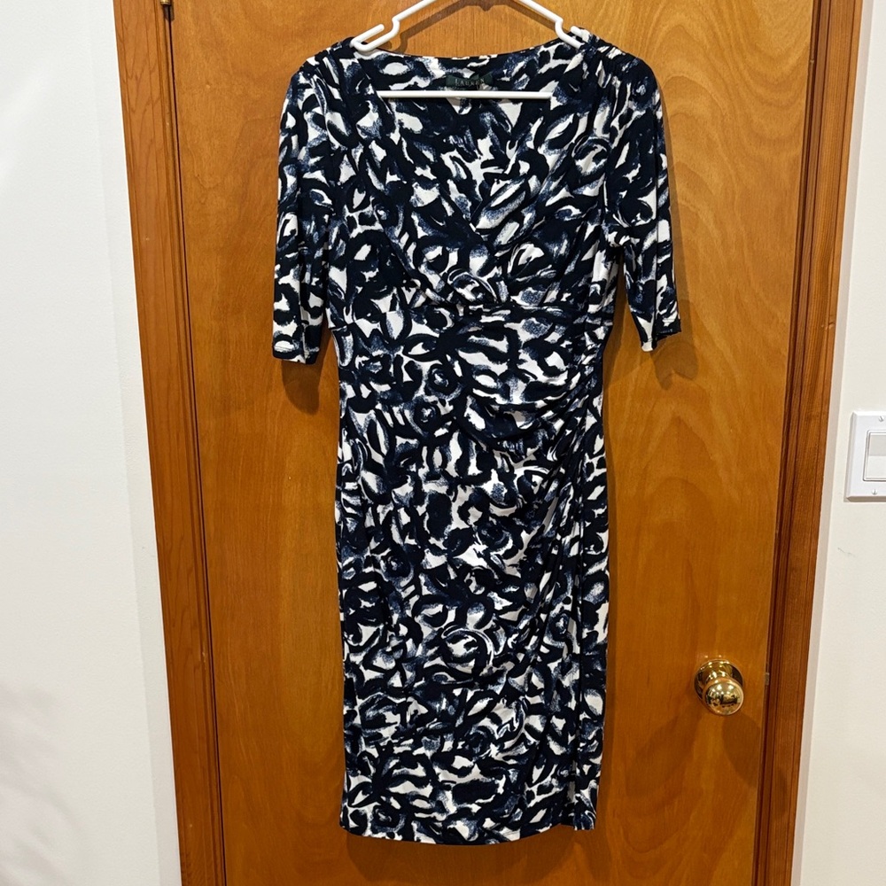 Ralph Lauren Navy and White Abstract Print Midi Dress